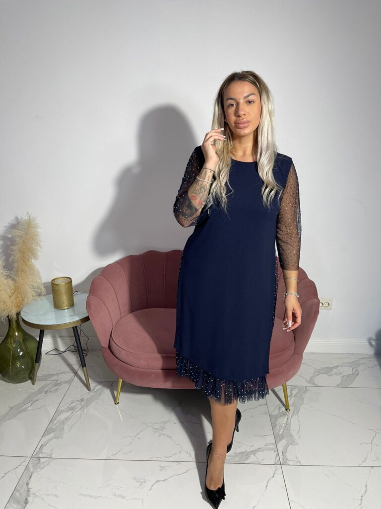 Rochie Helga midi cu maneca 3/4 din tiul si aplicatii pietre