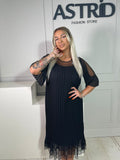 Rochie Flavia midi plisata maneca 3/4 si aplicatii pietre mici