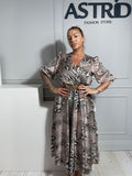 Rochie Ama midi cu maneca 3/4 print sarpe si curea in talie