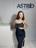 Rochie Oana midi din lycra cu decupaj talie si plasa cu pietre la bust