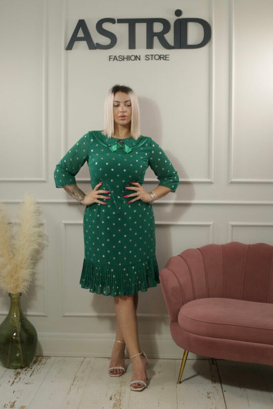 Rochie Doroty verde midi decolteu rotund maneca trei sferturi imprimeu buline pliseu jos