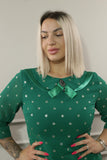 Rochie Doroty verde midi decolteu rotund maneca trei sferturi imprimeu buline pliseu jos