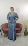 Rochie Lindy lunga pe corp cu accesoriu argintiu lateral si maneca scurta