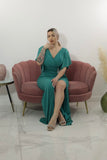 Rochie Lindy lunga pe corp cu accesoriu argintiu lateral si maneca scurta