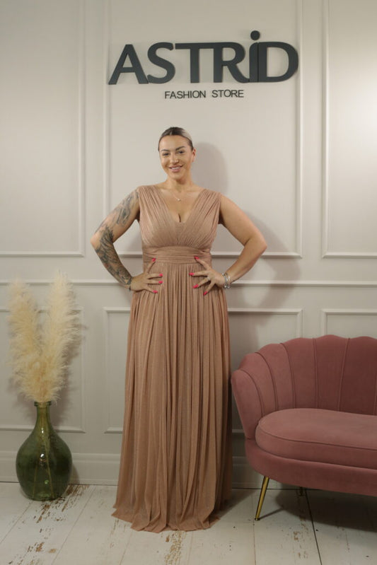 Rochie Rose nude lunga din tulle in pliuri decolteu in V