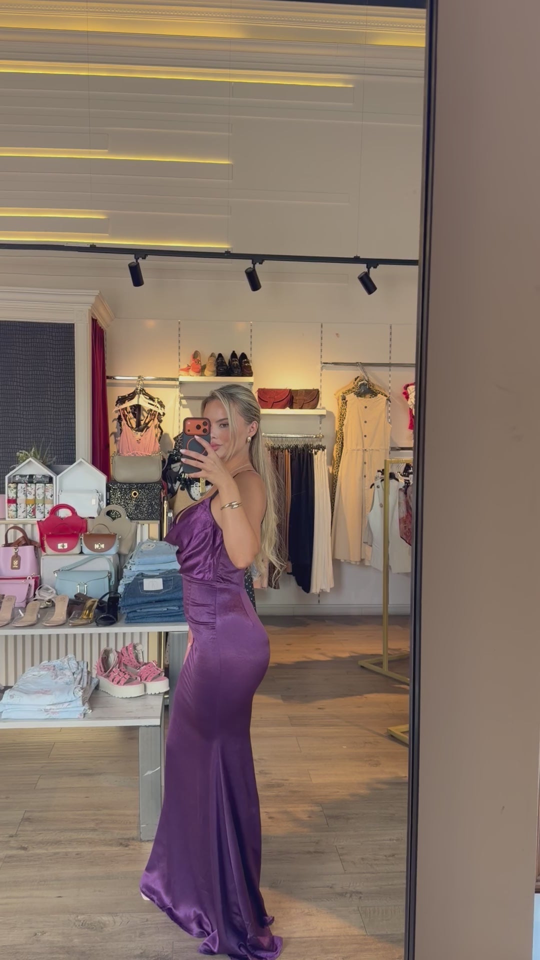 Rochie Purple lunga din satin cu bretele subtiri