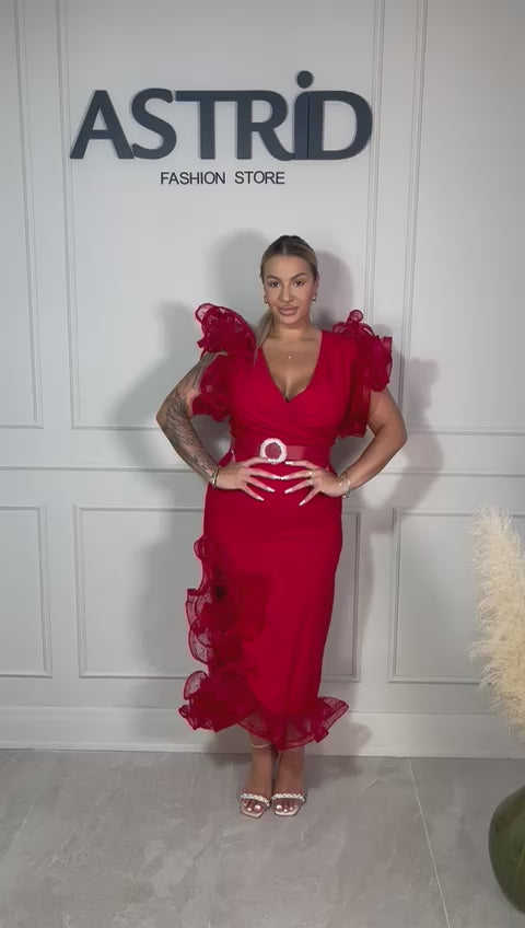 Rochie Rita midi cu accesorizata cu volane la umeri și pe lateral