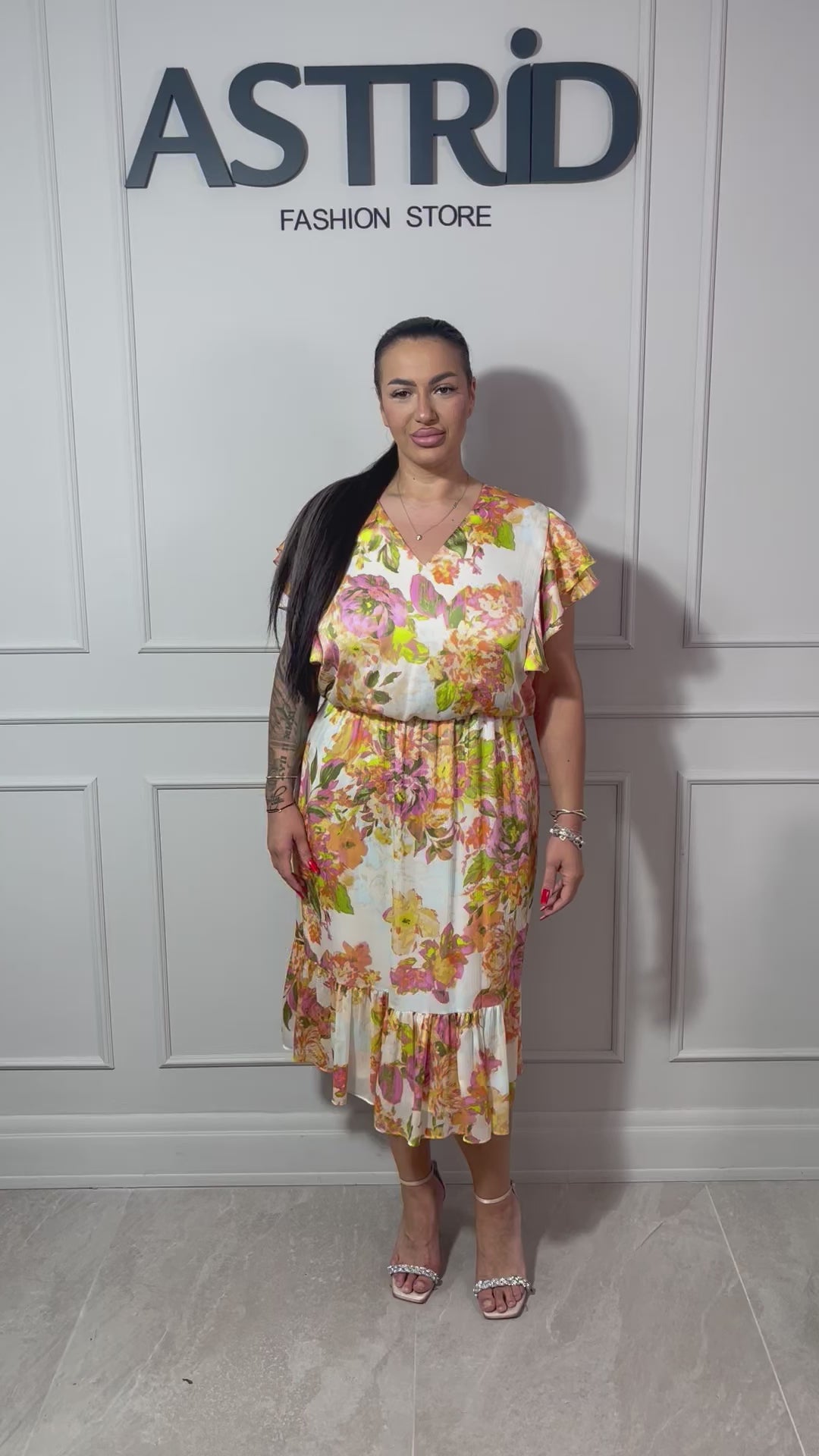 Rochie Ella midi creponată cu imprimeu floral