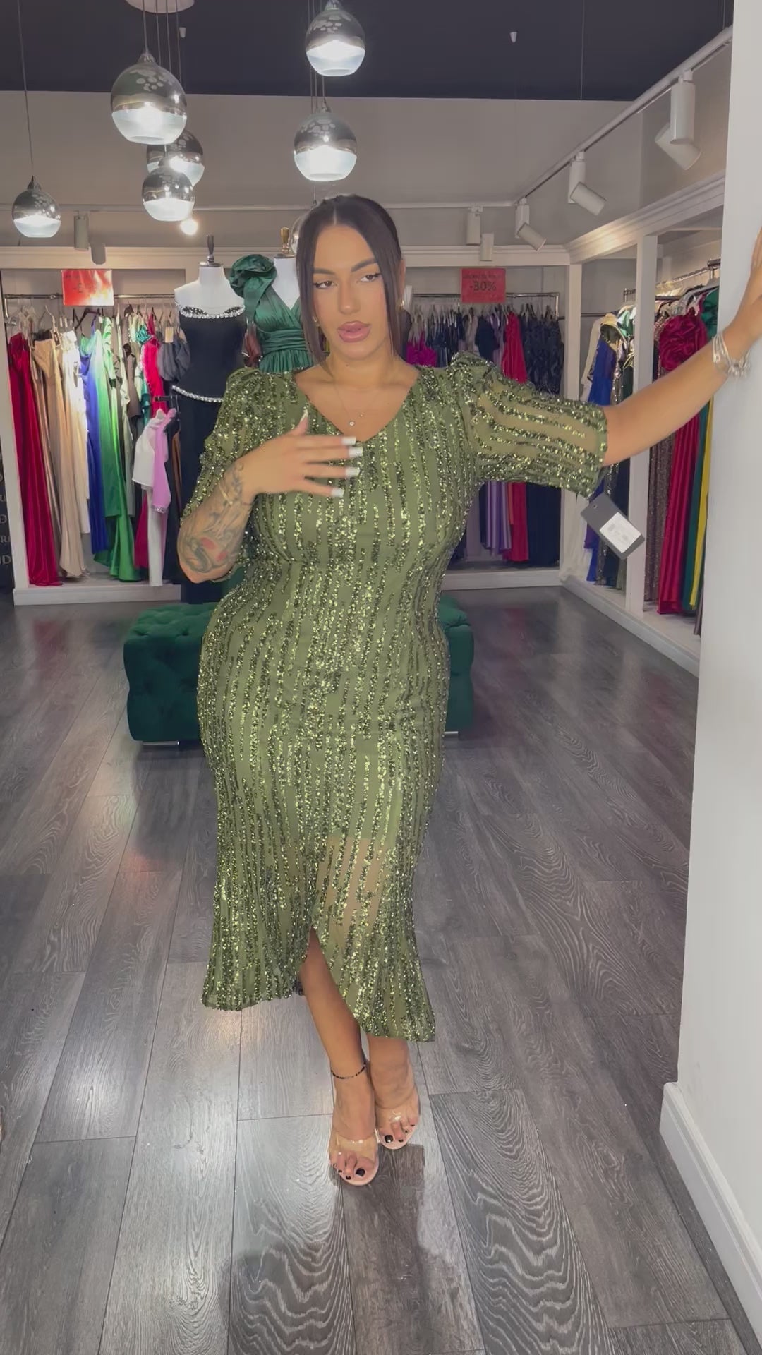 Rochie Elena midi din paiete mânecă 3/4