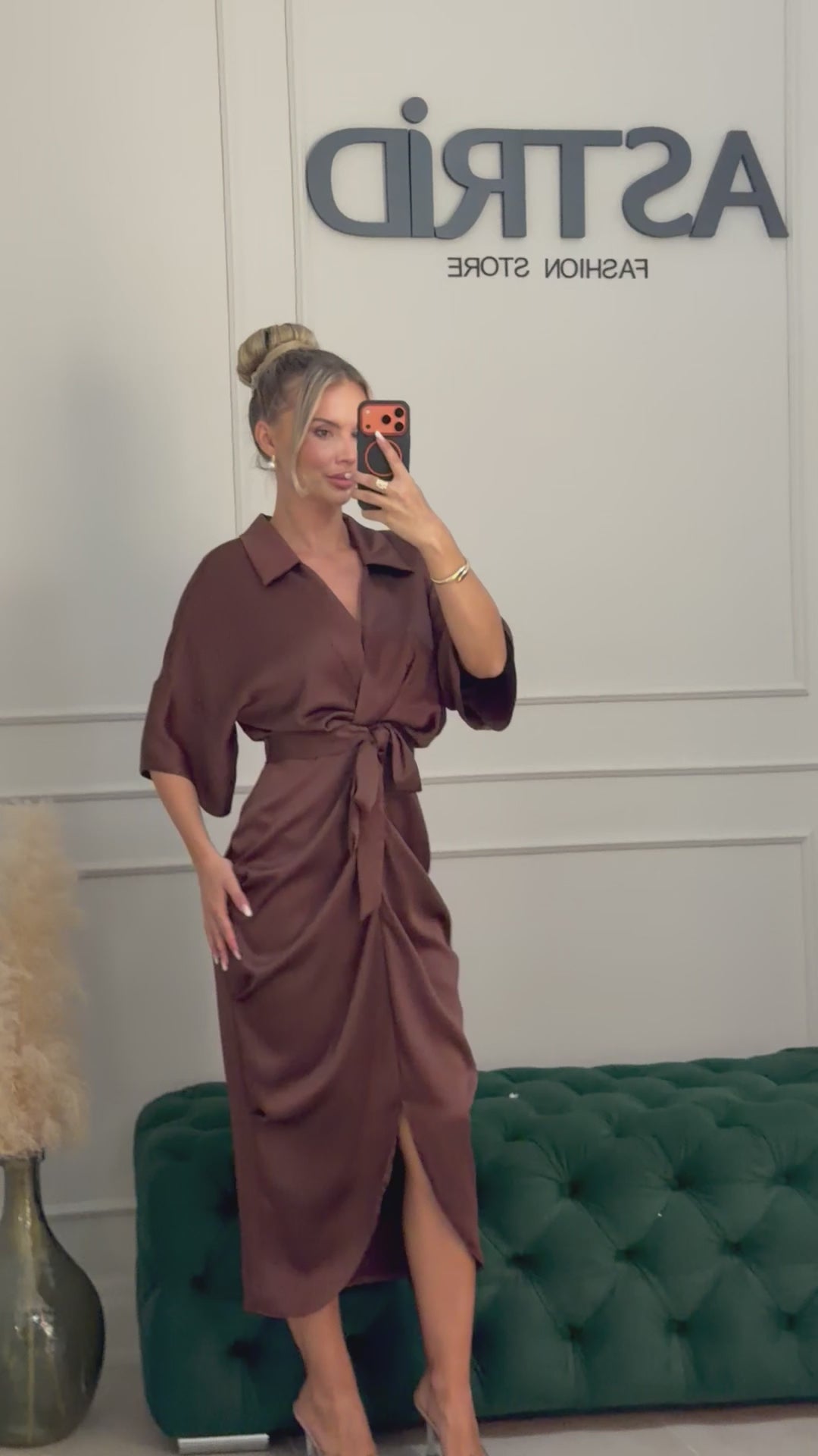 Rochie Any midi din satin cu încrețituri in talie
