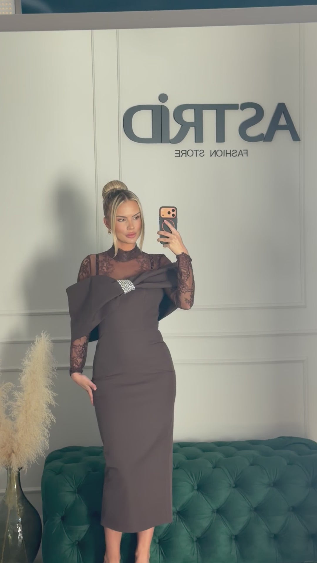 Rochie Felicia midi cu maneci din dantela si funda decorativa