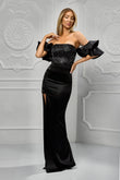 Rochie lunga, eleganta, din tafta, maneci cu volanase, slit pe picior