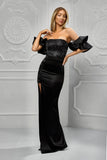 Rochie lunga, eleganta, din tafta, maneci cu volanase, slit pe picior