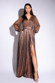 Rochie Ginette lunga eleganta  cu poala drapata cu crepeu maxi si bust din matase naturala