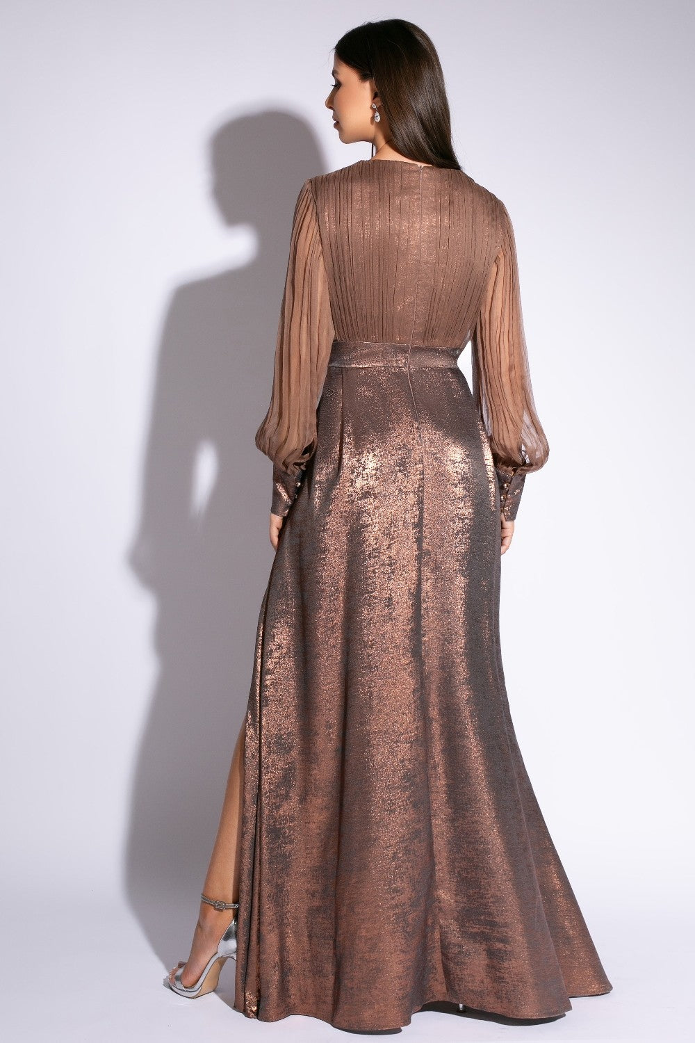 Rochie Ginette lunga eleganta  cu poala drapata cu crepeu maxi si bust din matase naturala