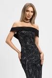 Rochie maxi, neagra, partea din fata din dantela fumurie, fasie bust