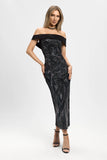 Rochie maxi, neagra, partea din fata din dantela fumurie, fasie bust