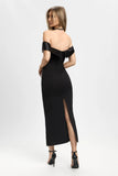 Rochie maxi, neagra, partea din fata din dantela fumurie, fasie bust
