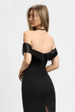 Rochie maxi, neagra, partea din fata din dantela fumurie, fasie bust